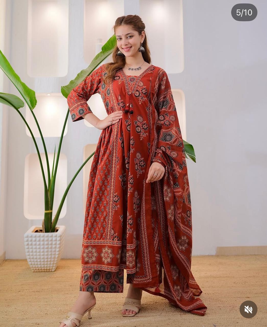 Ajarak  print cotton A Line cotton suit set in two colors