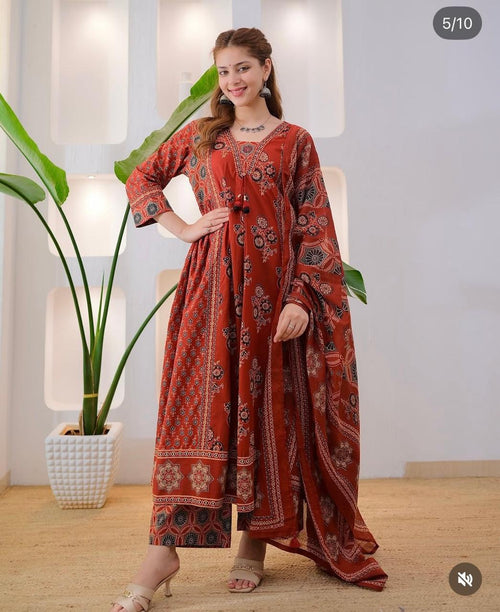 Ajarak  print cotton A Line cotton suit set in two colors