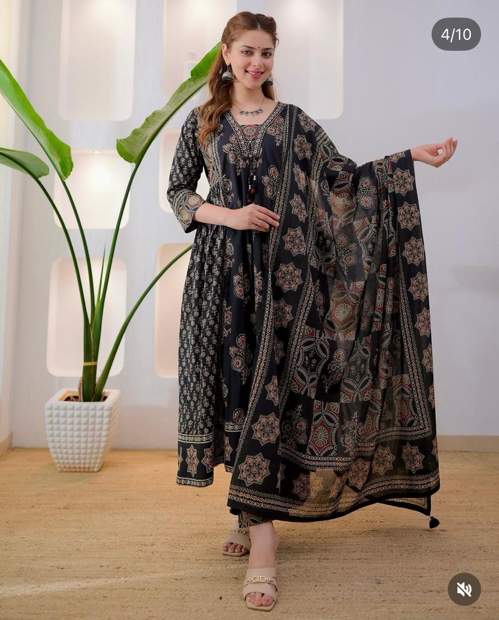 Ajarak  print cotton A Line cotton suit set in two colors
