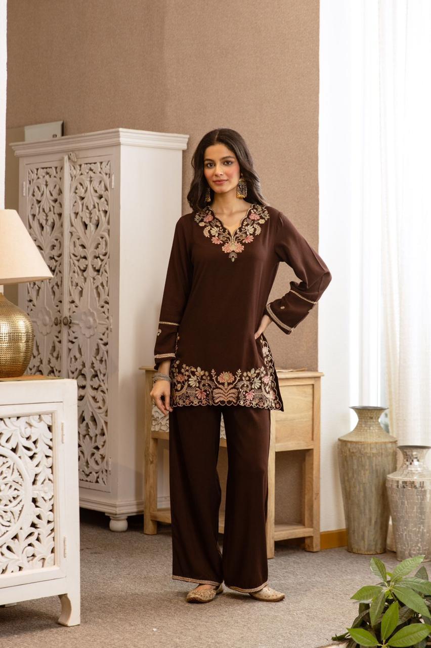 Cord set with beautiful embroidery in brown, pink, black, royal blue color