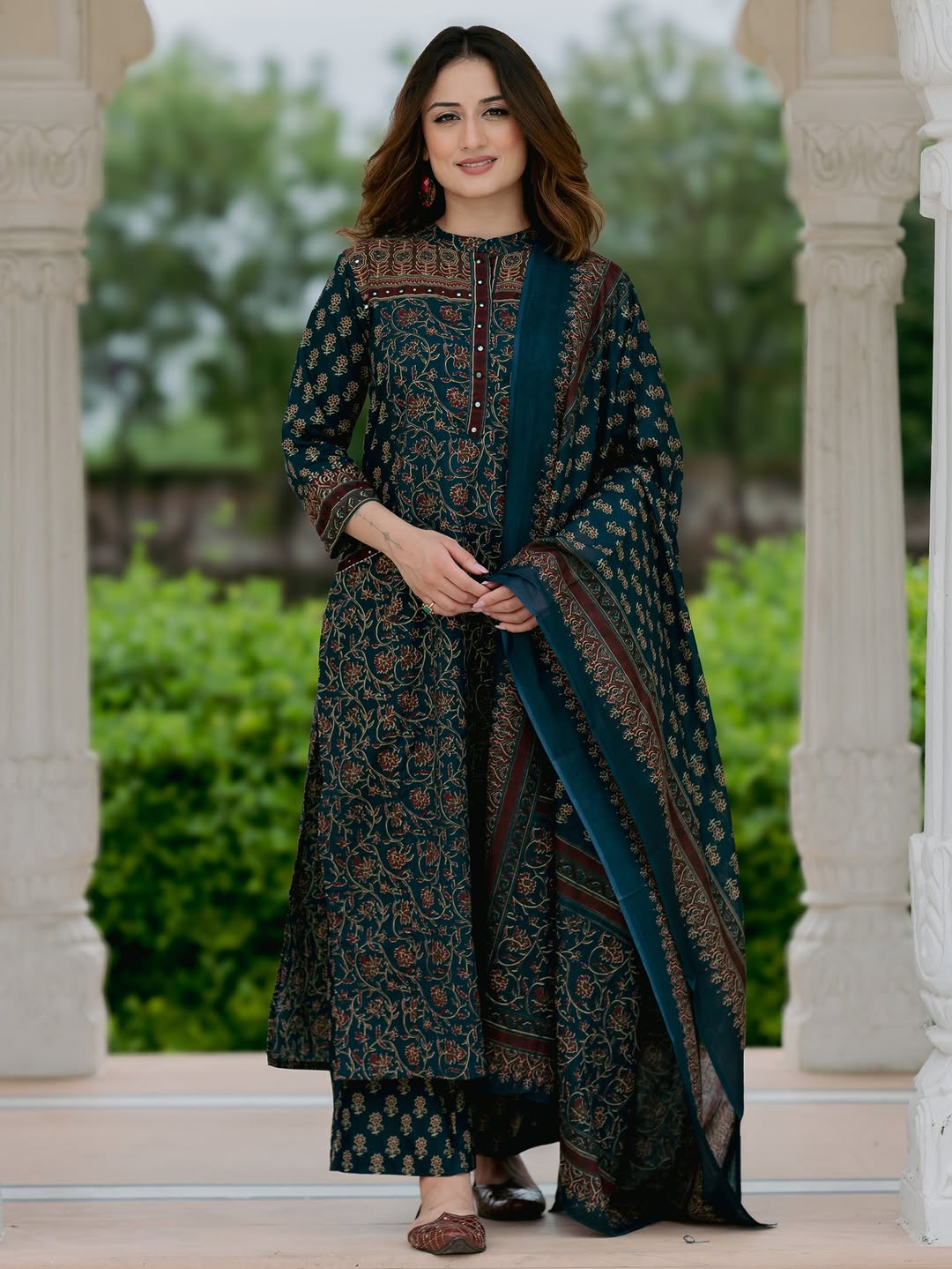 Suit Set In Ajrak Print Available In Dark Green And Red Color