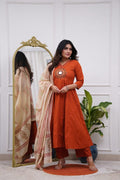 Anarkali dupatta set in orange and green color