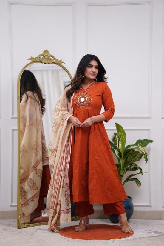 Anarkali dupatta set in orange and green color