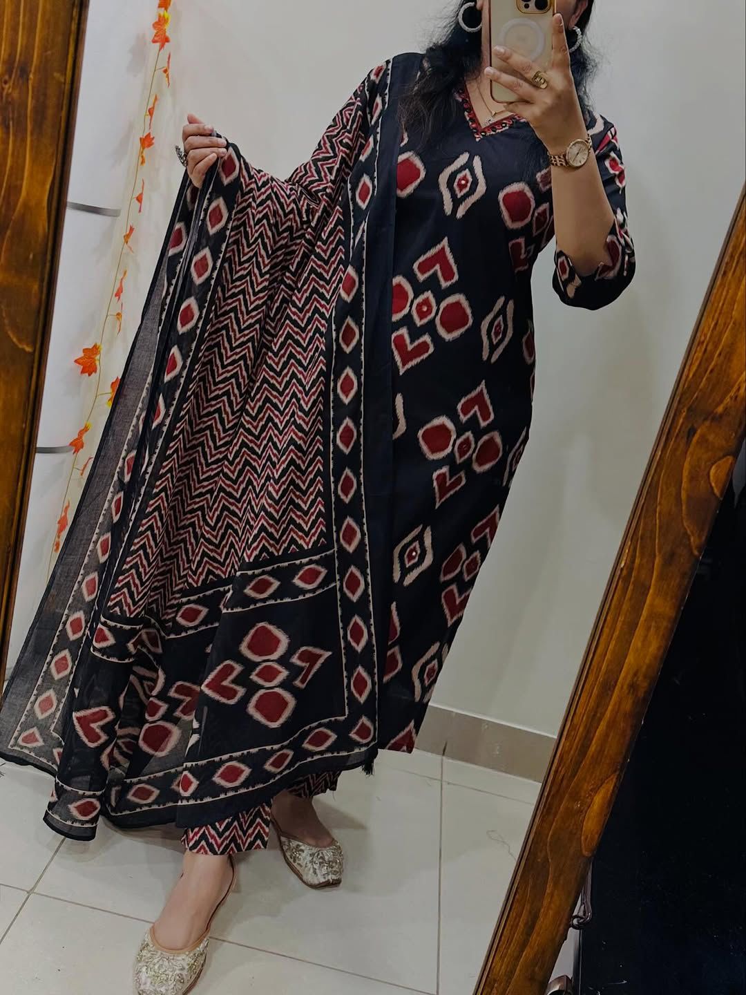 Daily wear cotton suit in ajark print available in black and yellow color