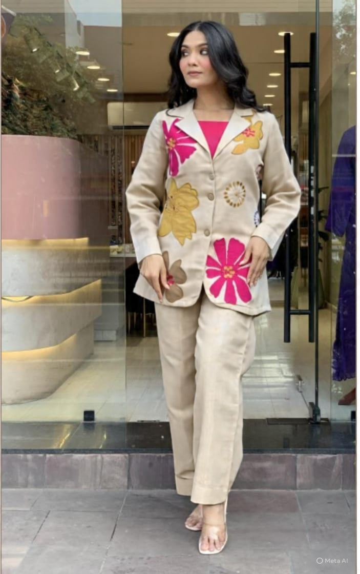 Cotton flex cord set with heavy embroidery  on jacket and inner in pink color