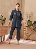 Cotton Flex cord with embroidery detailing in dark blue color
