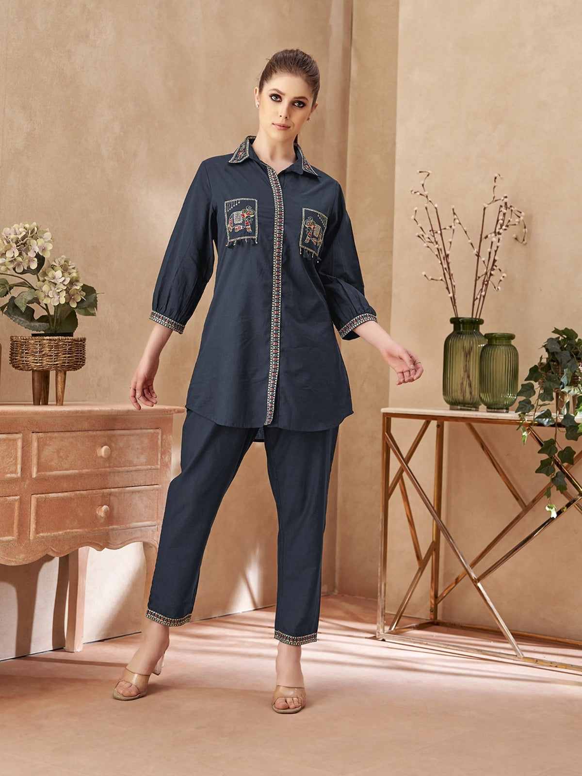 Cotton Flex cord with embroidery detailing in dark blue color