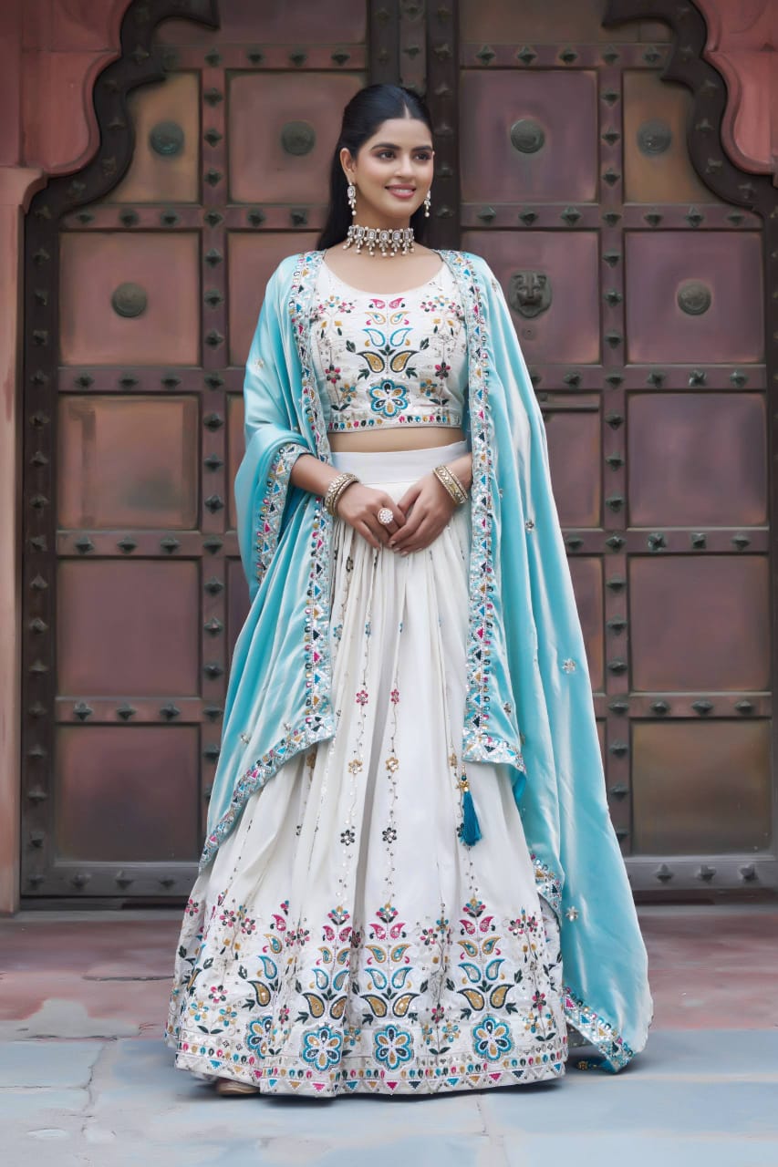 Pure Tissue Silk Lehnga Choli With Zari Detailing And Sequence Thread