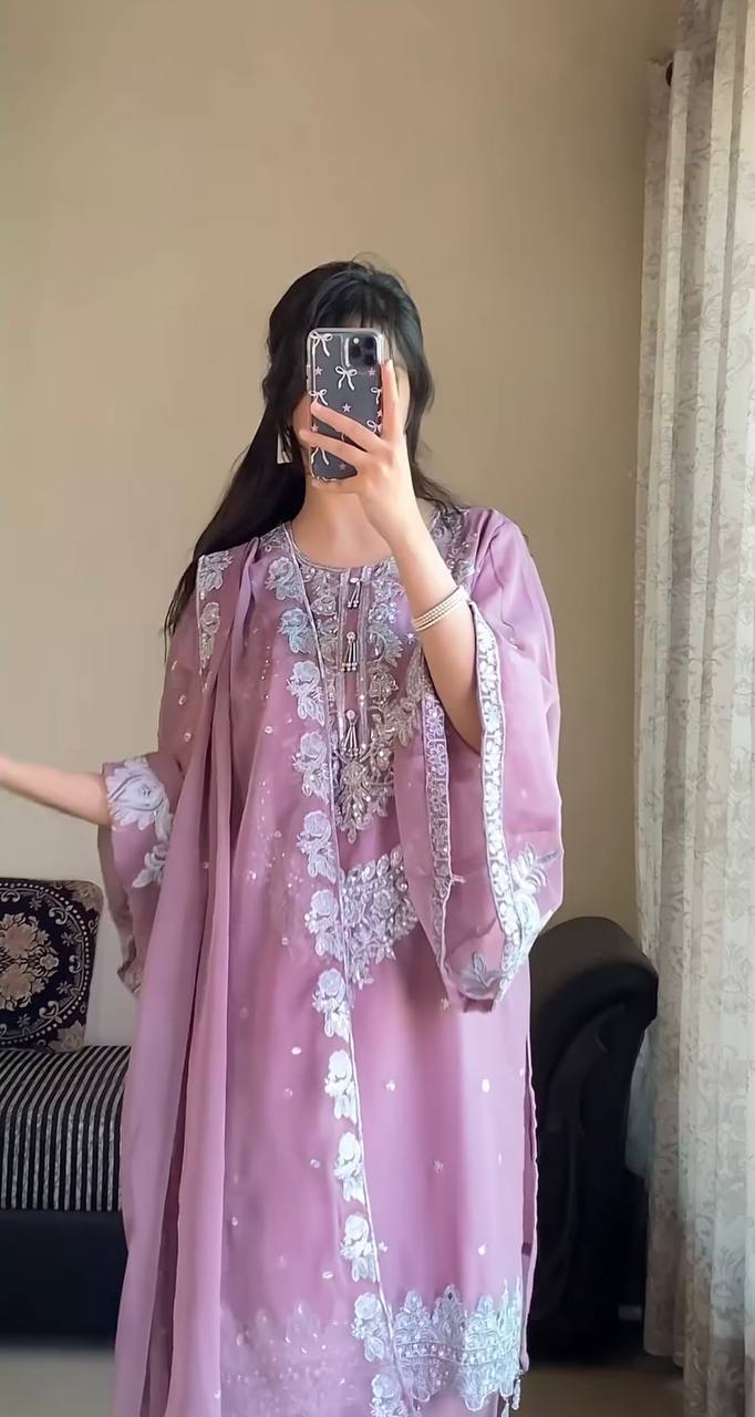 Georgette fabric partywear suit set paired with flair plazzo and designed with zari work and tussles