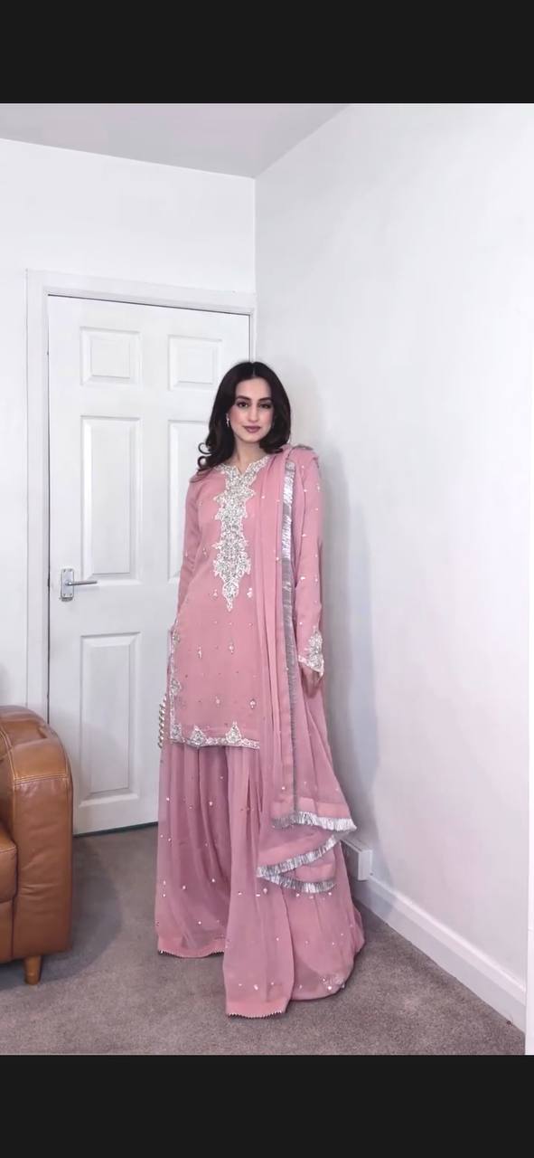 Party Wear sharara suit in georgette fabric with silver zari work detailing