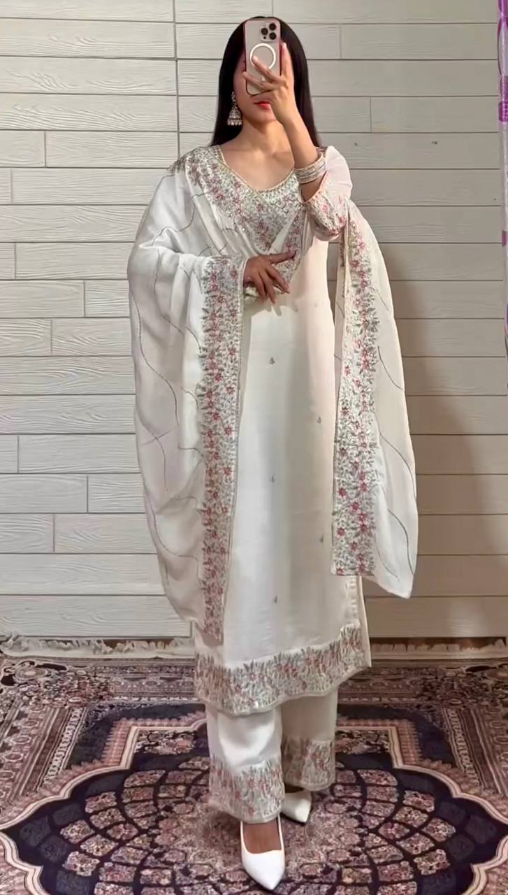 Heavy Party Wear suit set in chinon silk with sequence and zari work