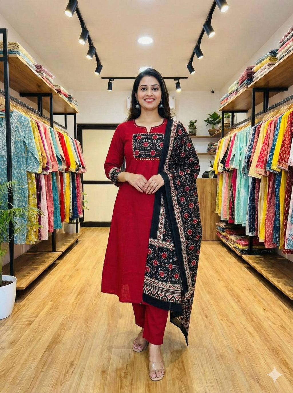 Suit set with patch work on neck