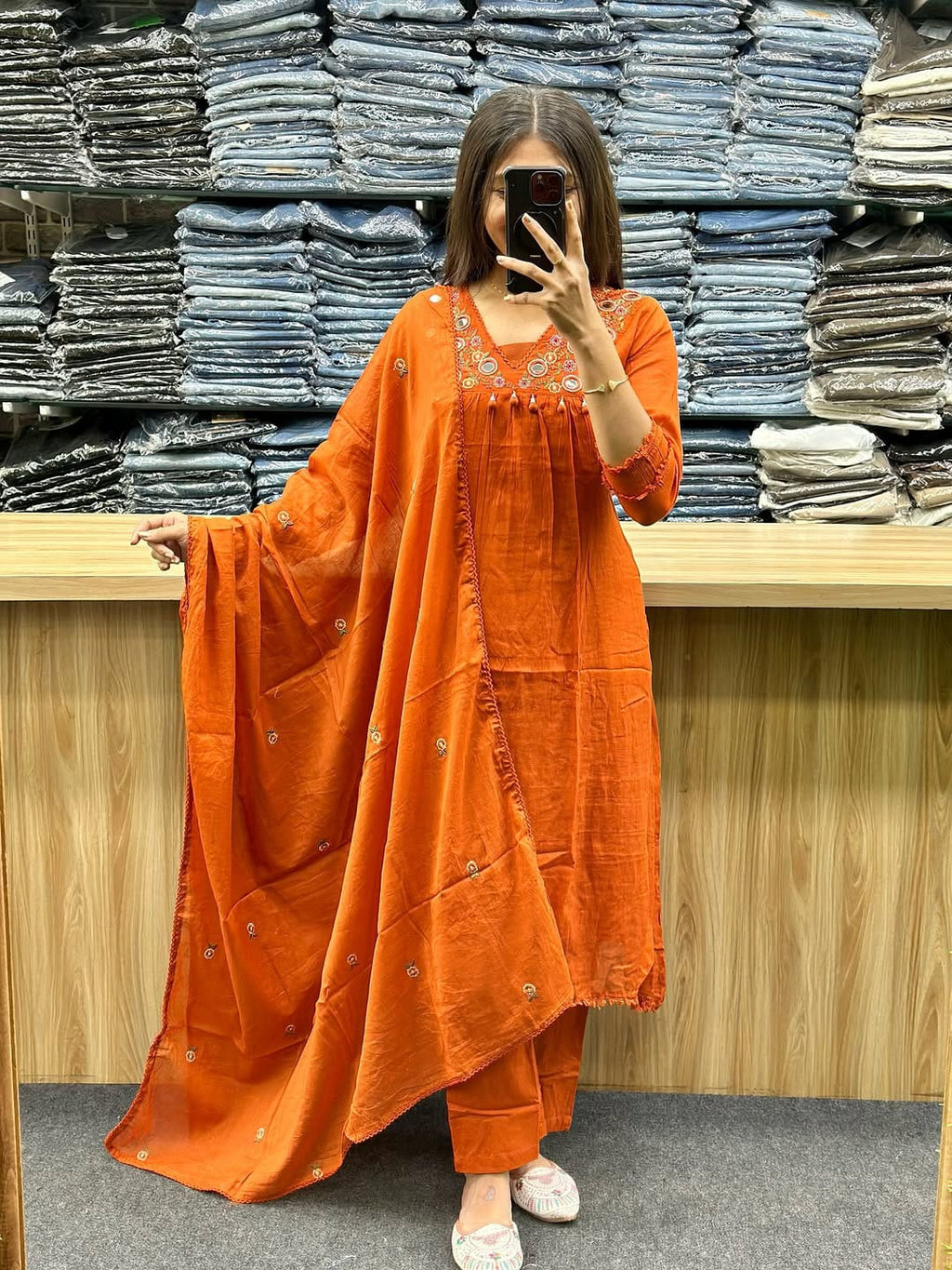 A line dupatta set in 3 colours with elegant embroidery on neck with tussle touch