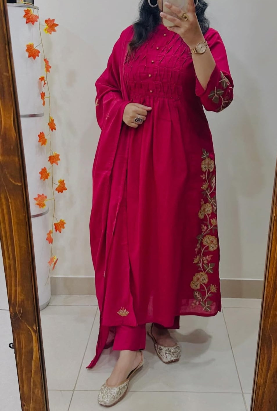 Anarkali dupatta set with printex detailing on neck with pearl details and embroidery on sides of kurti
