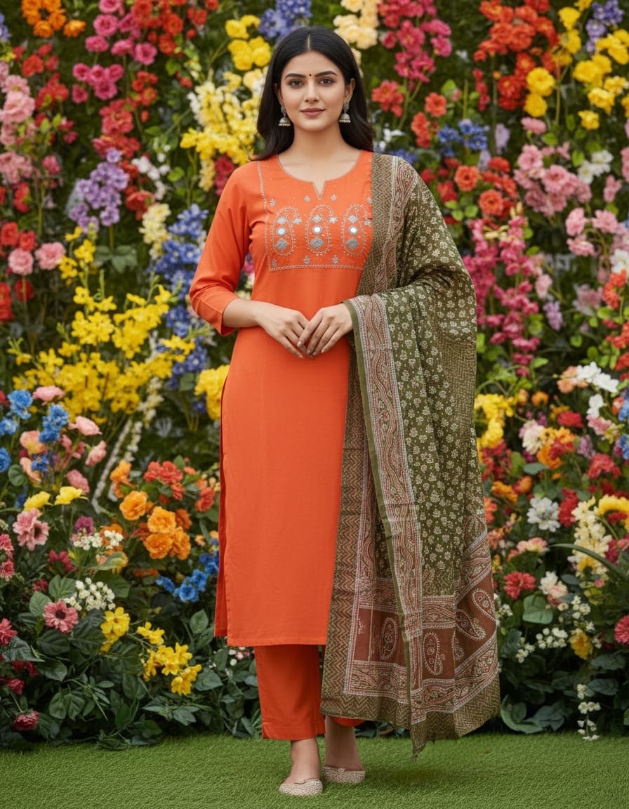 Kurti pant dupatta set with minimal embroidery touch, perfect for dailywear and outings