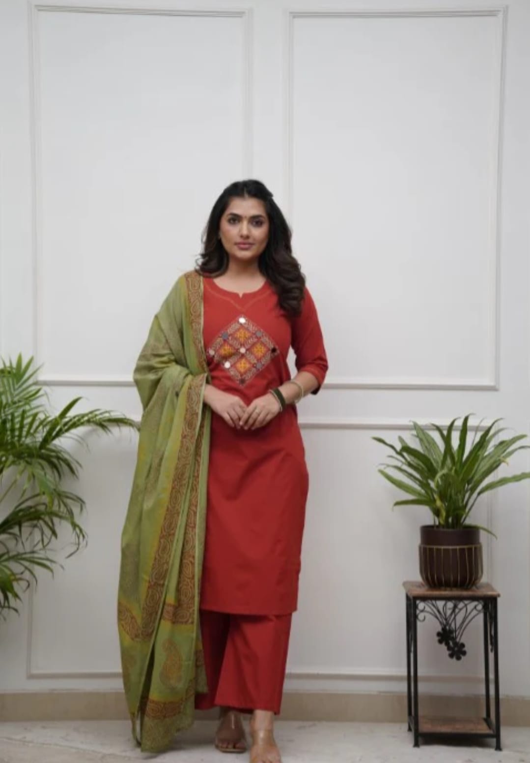 Kurti Pant Dupatta set in solid colours with ajarak print dupatta touch perfect for any occasion