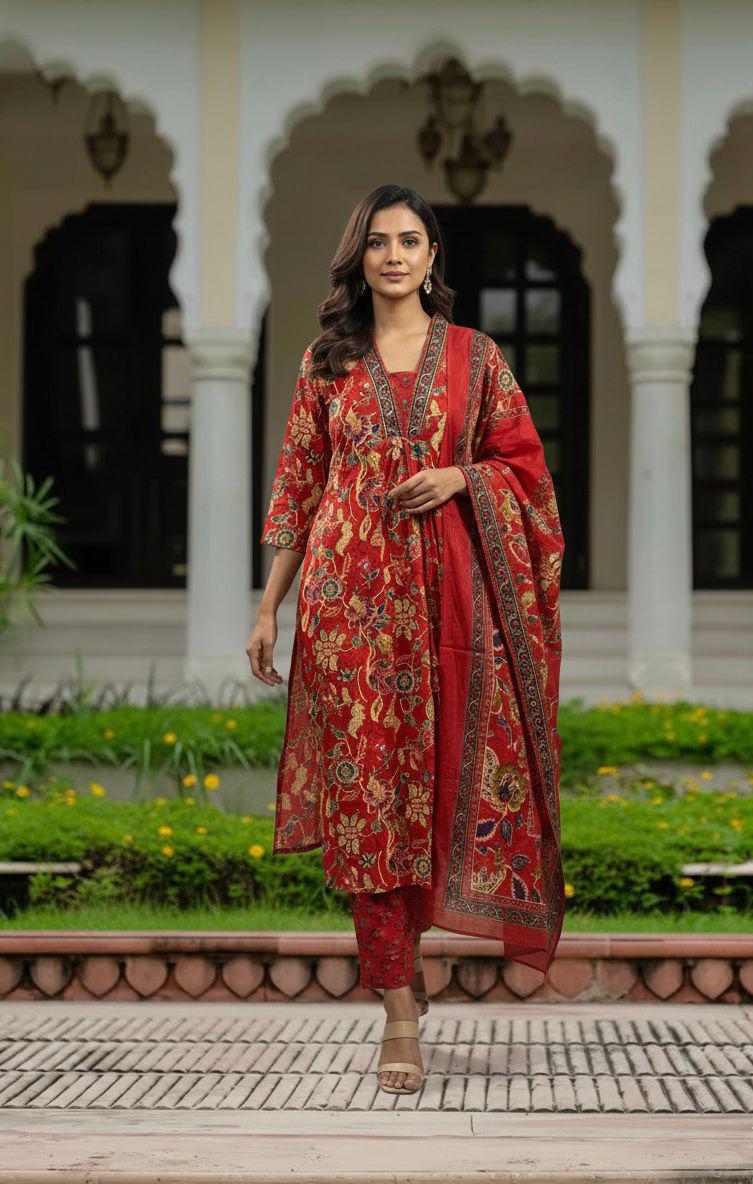 A Line dupatta set in floeal print with beautiful rust red colour