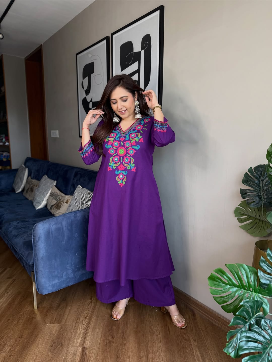 Cotton Slub kurti plazo set with aari work embroidery on neck
