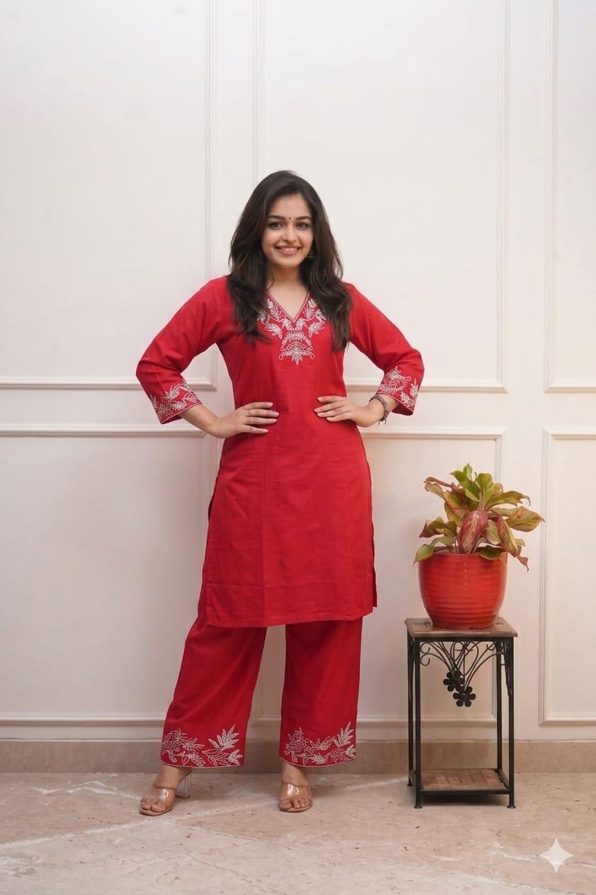 Cotton kurti pant set with zari work on kurti neck and pant with pocket in pant available in 3 colours