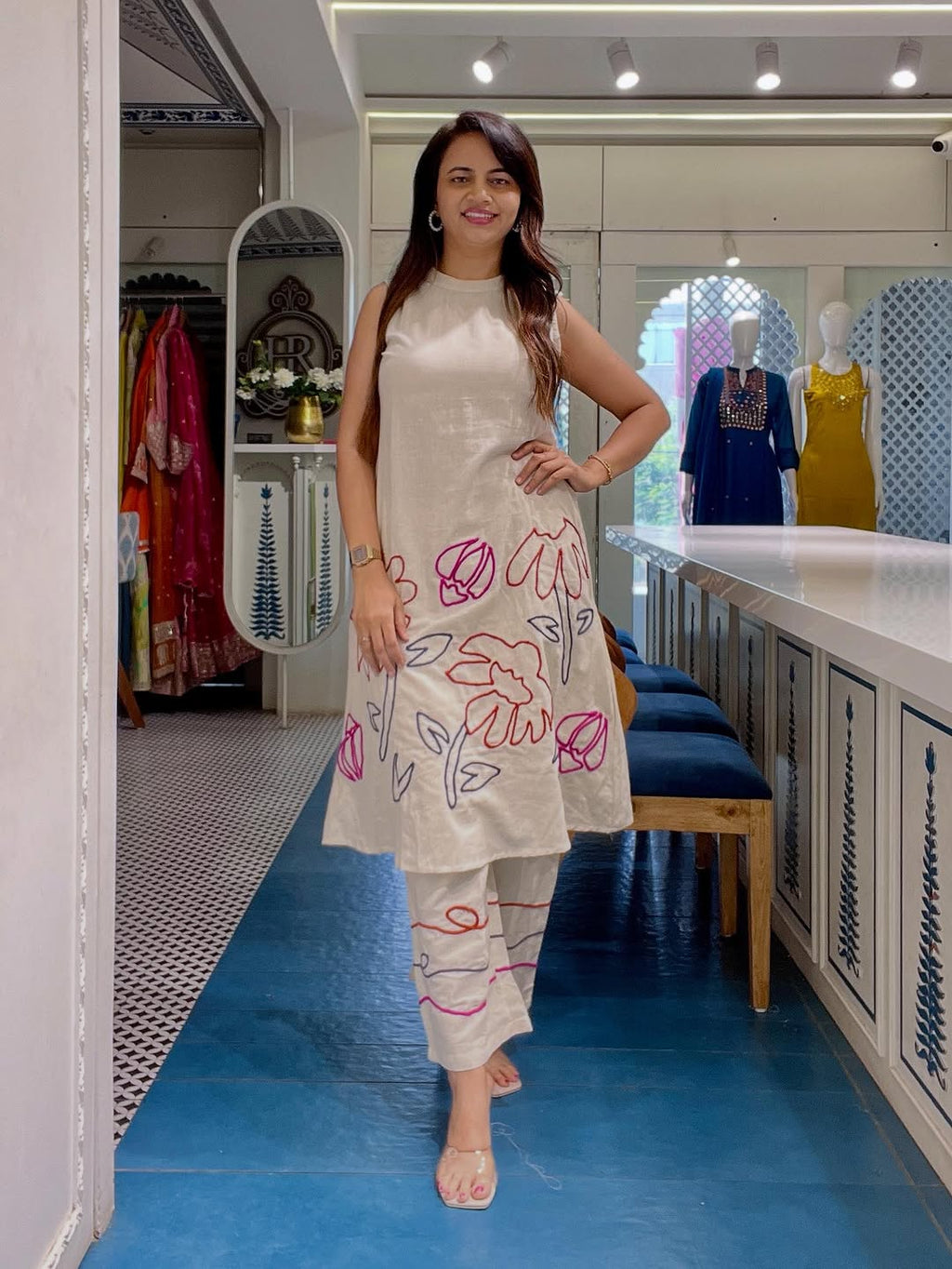 Cotton flex haulter neck kurti pant set with one side pocket in kurti and embroidery details on kurti