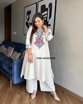 Handloom cotton kurti pant set with thread embroidery on neck of kurti