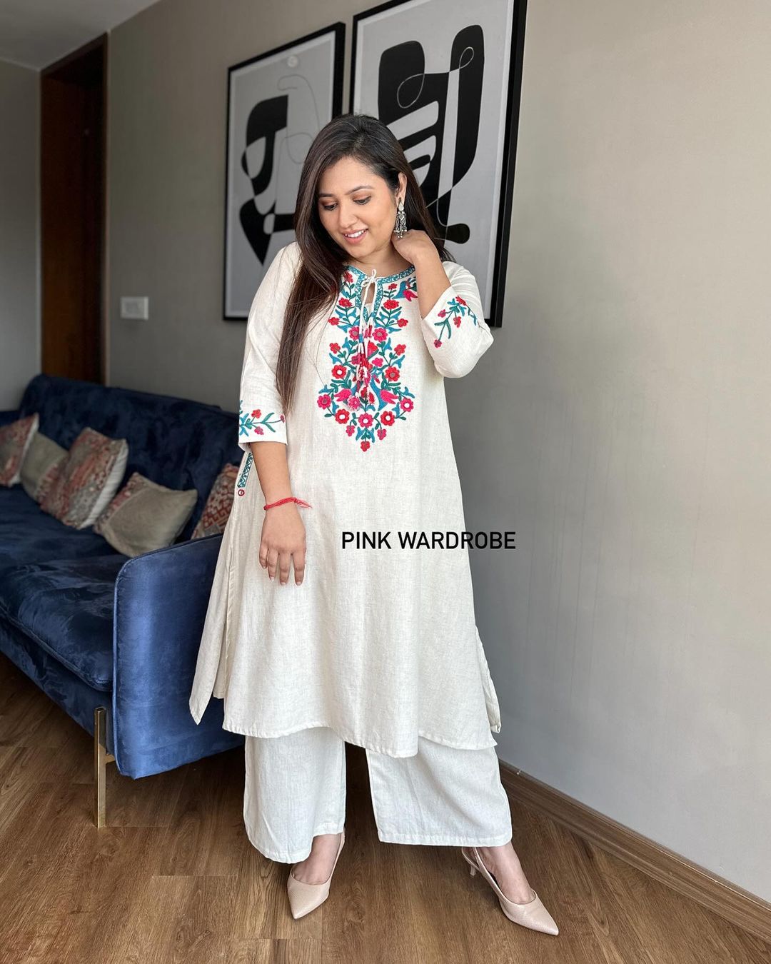 Handloom cotton kurti pant set with thread embroidery on neck of kurti