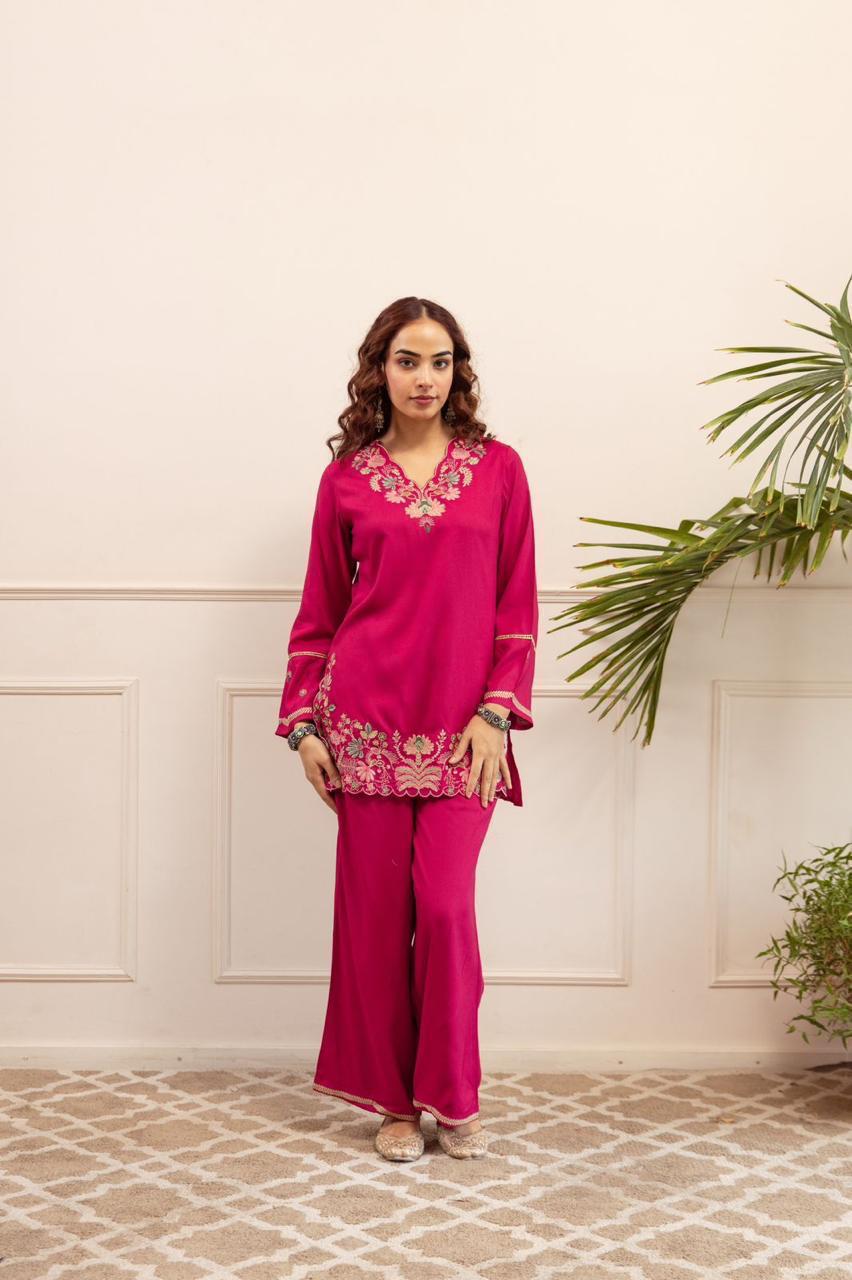 Cord set with beautiful embroidery in brown, pink, black, royal blue color