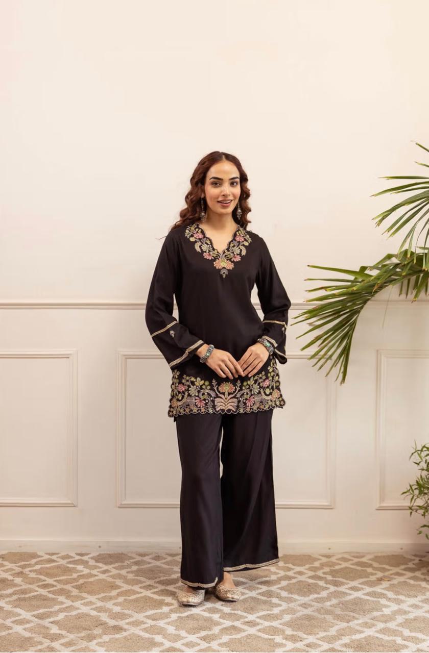 Cord set with beautiful embroidery in brown, pink, black, royal blue color