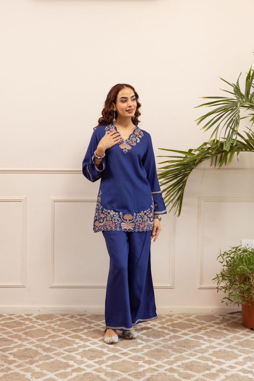 Cord set with beautiful embroidery in brown, pink, black, royal blue color