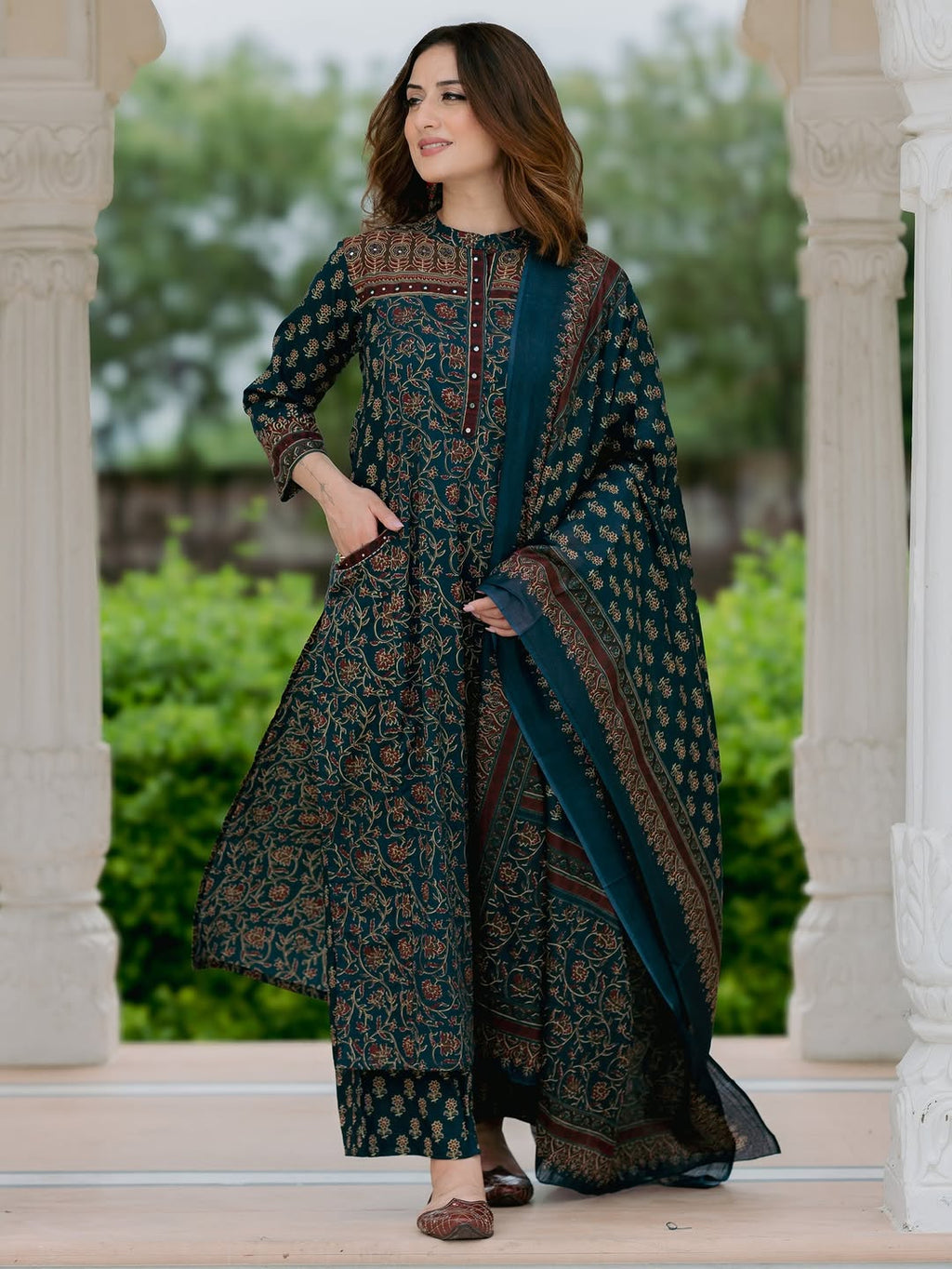 Suit Set In Ajrak Print Available In Dark Green And Red Color