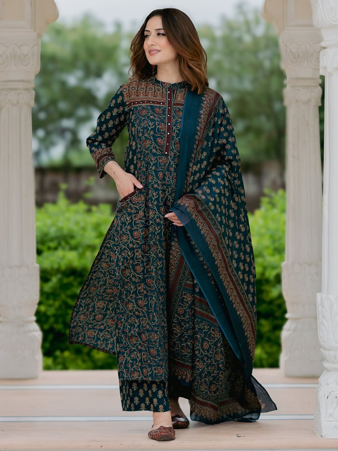 Suit Set In Ajrak Print Available In Dark Green And Red Color