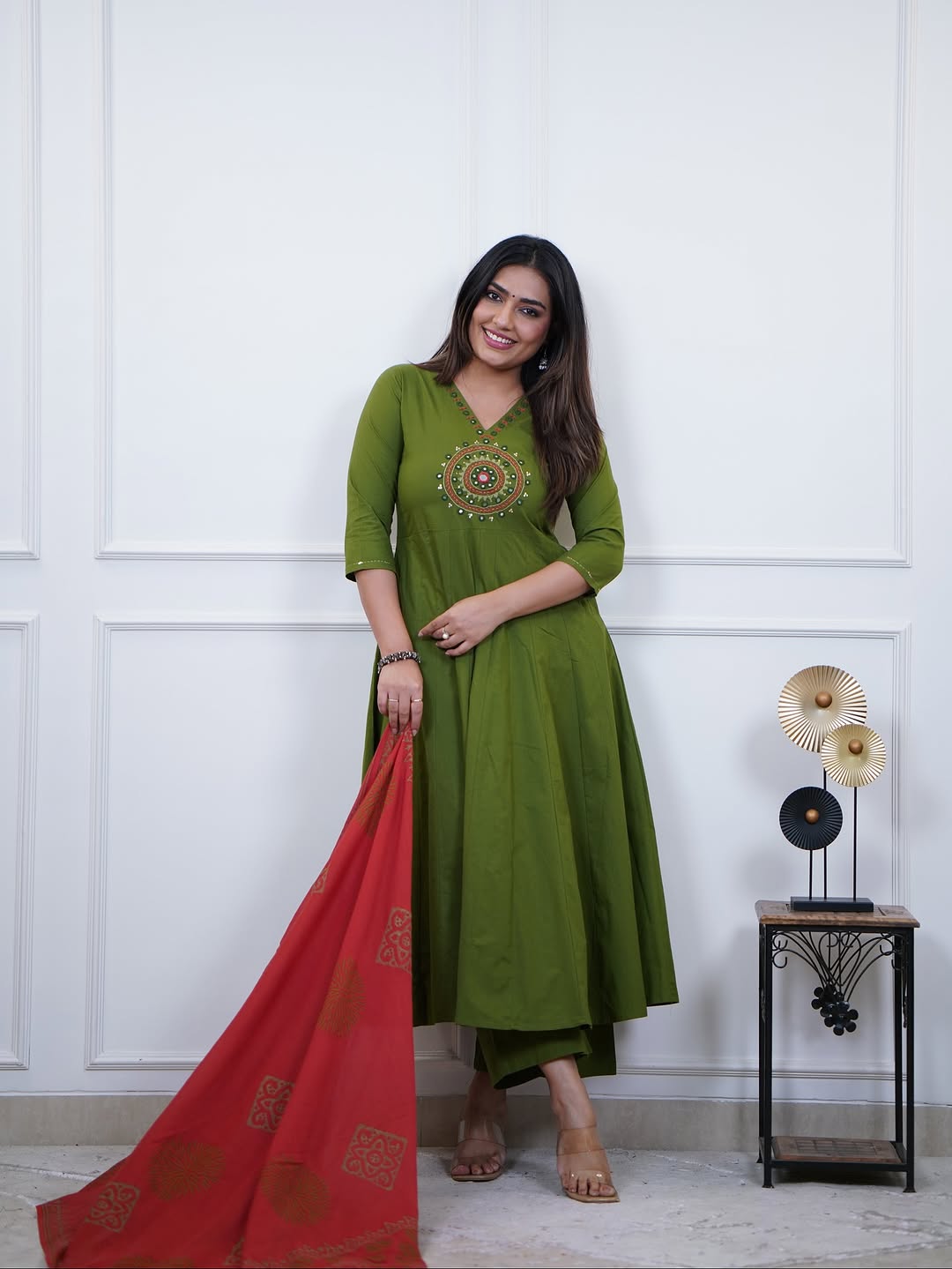 Anarkali dupatta set in orange and green color