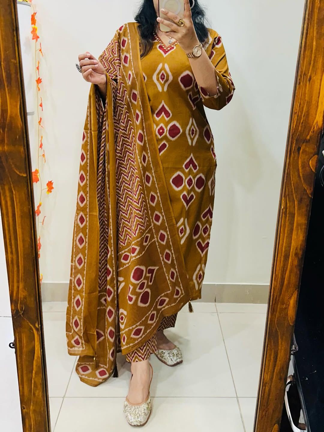 Daily wear cotton suit in ajark print available in black and yellow color