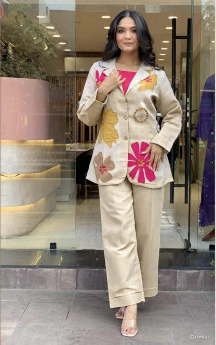 Cotton flex cord set with heavy embroidery  on jacket and inner in pink color