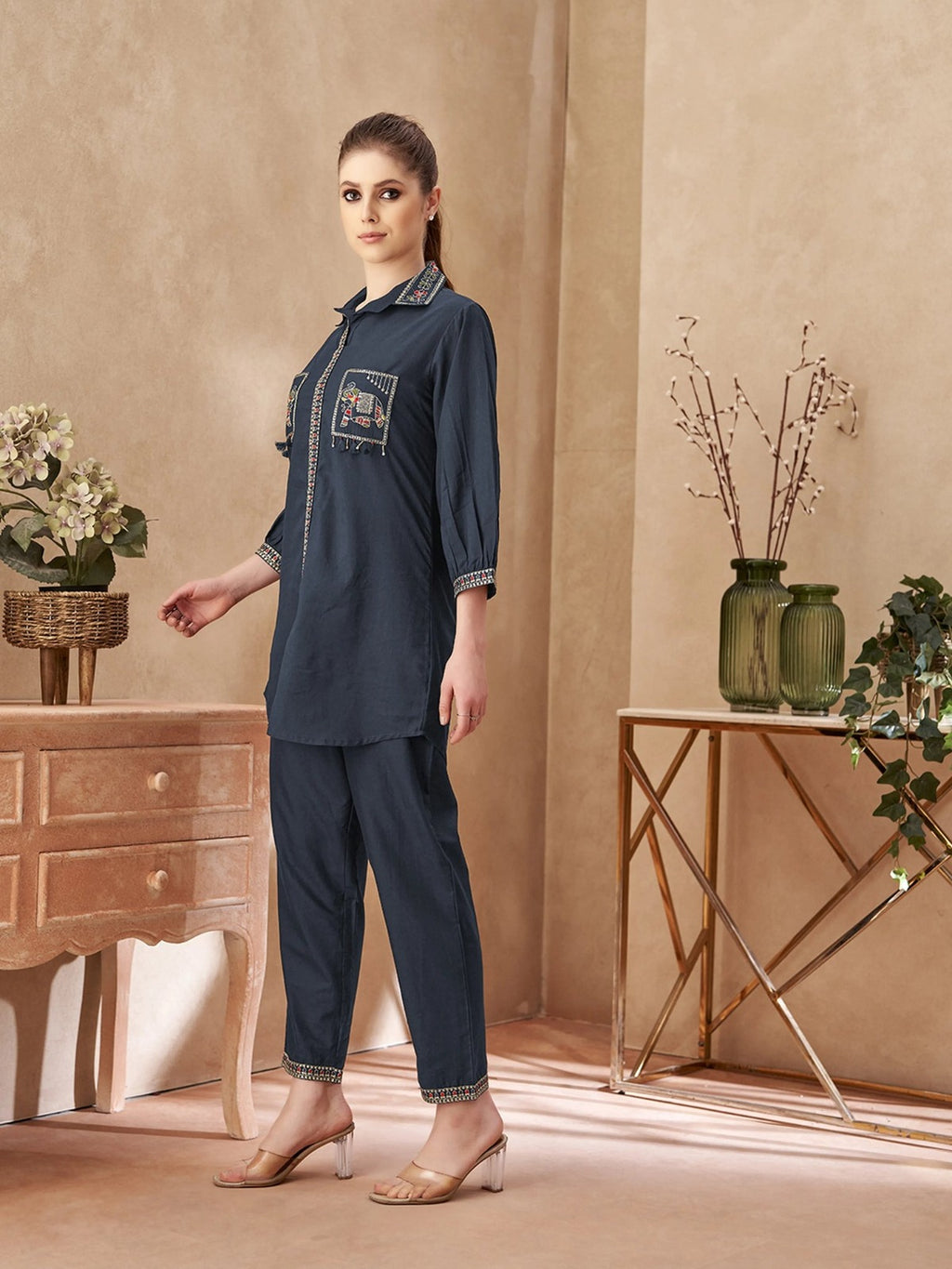 Cotton Flex cord with embroidery detailing in dark blue color