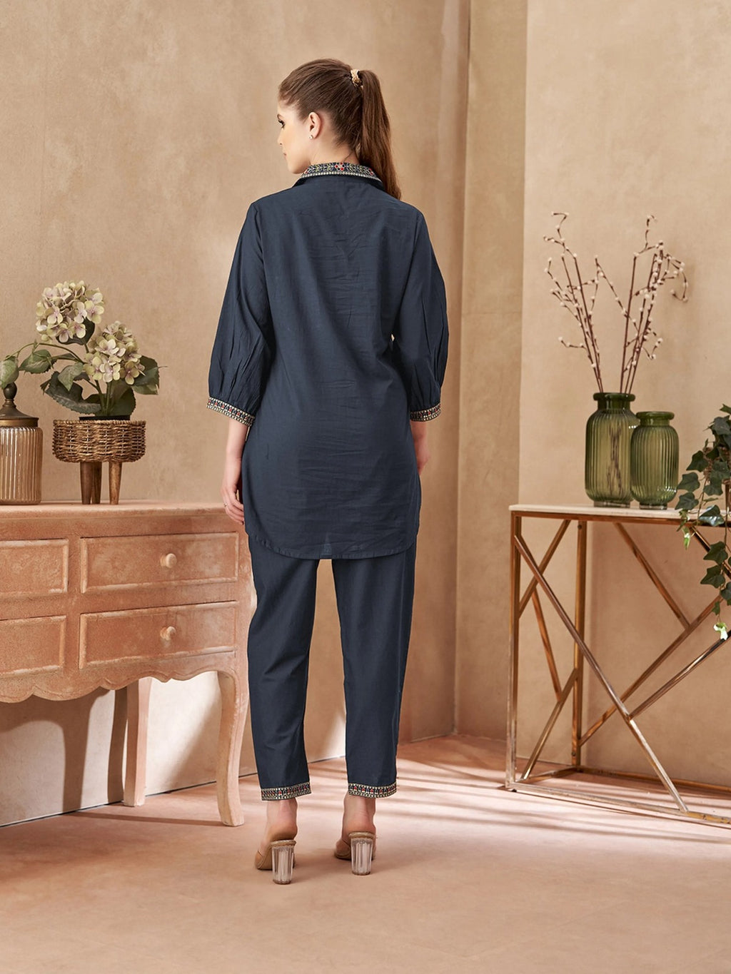 Cotton Flex cord with embroidery detailing in dark blue color
