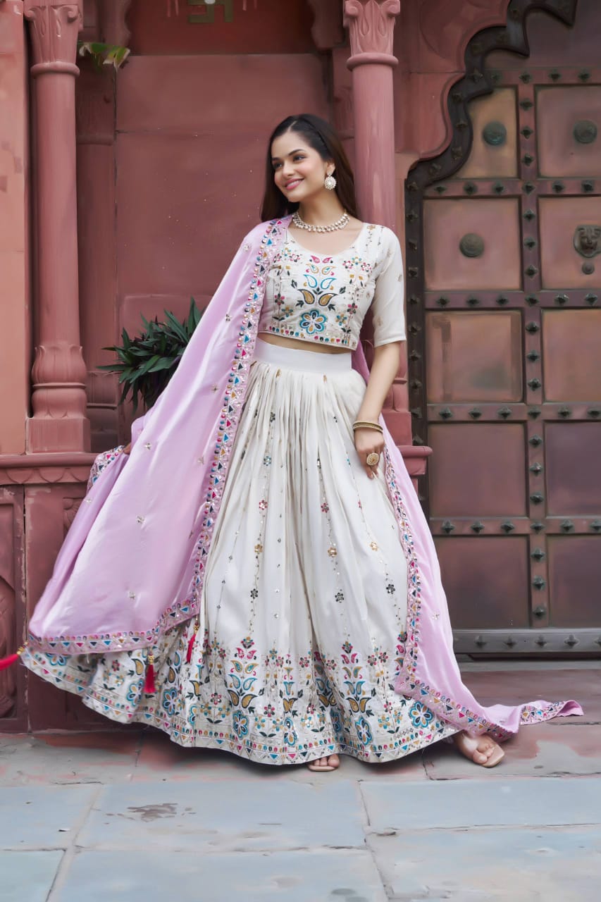 Pure Tissue Silk Lehnga Choli With Zari Detailing And Sequence Thread