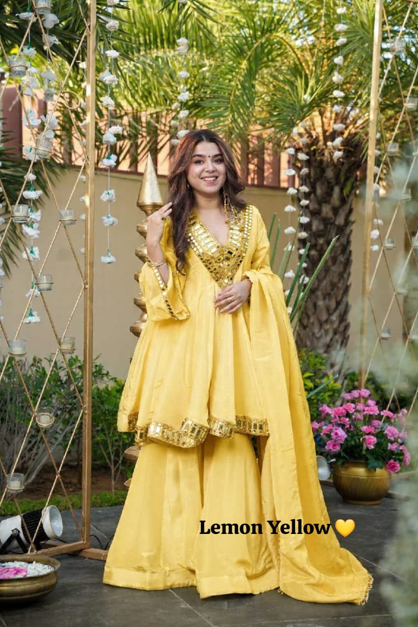 Chinon Silk Sharara Set With Flired Top In Beautiful Colors