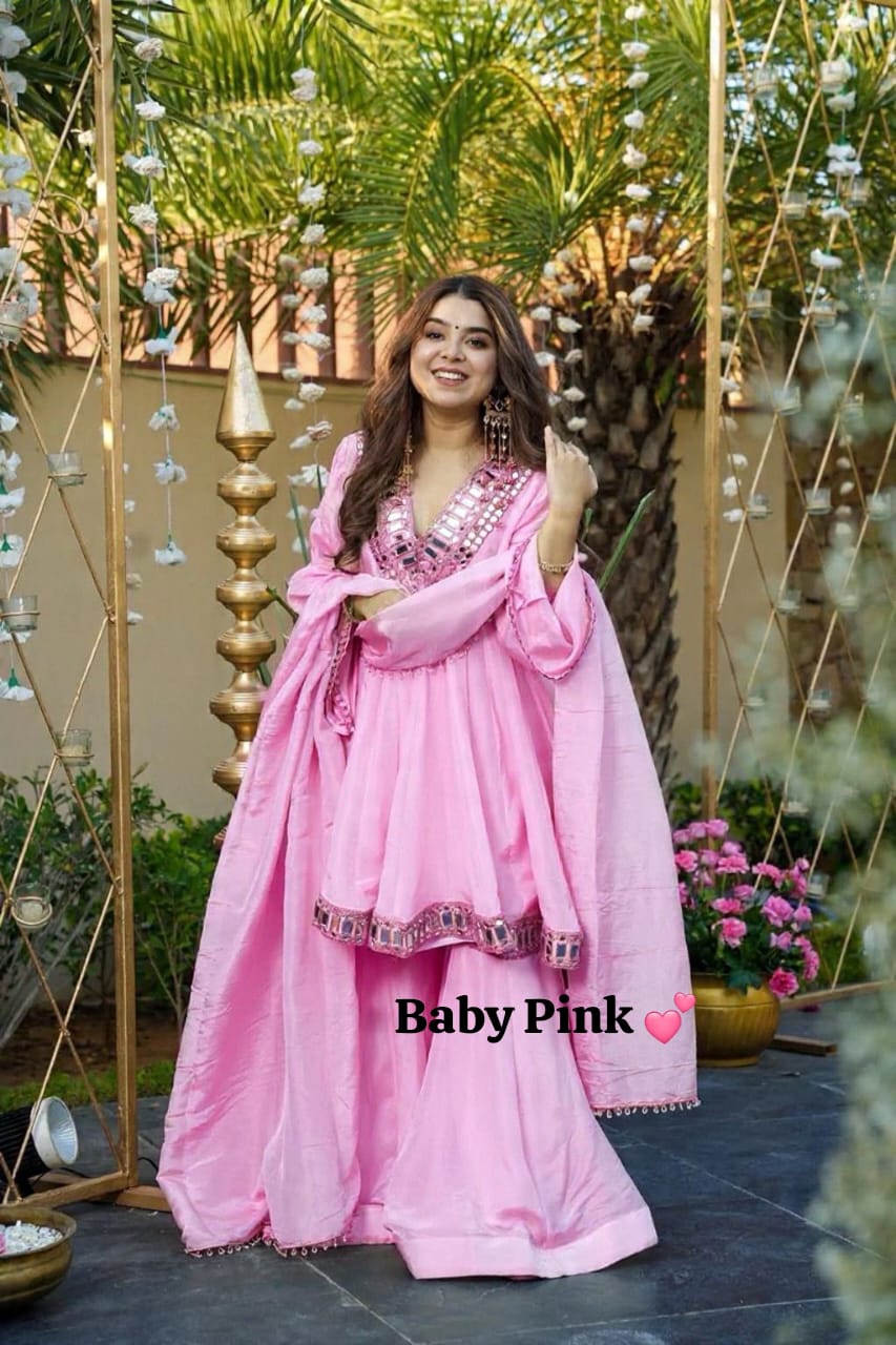 Chinon Silk Sharara Set With Flired Top In Beautiful Colors