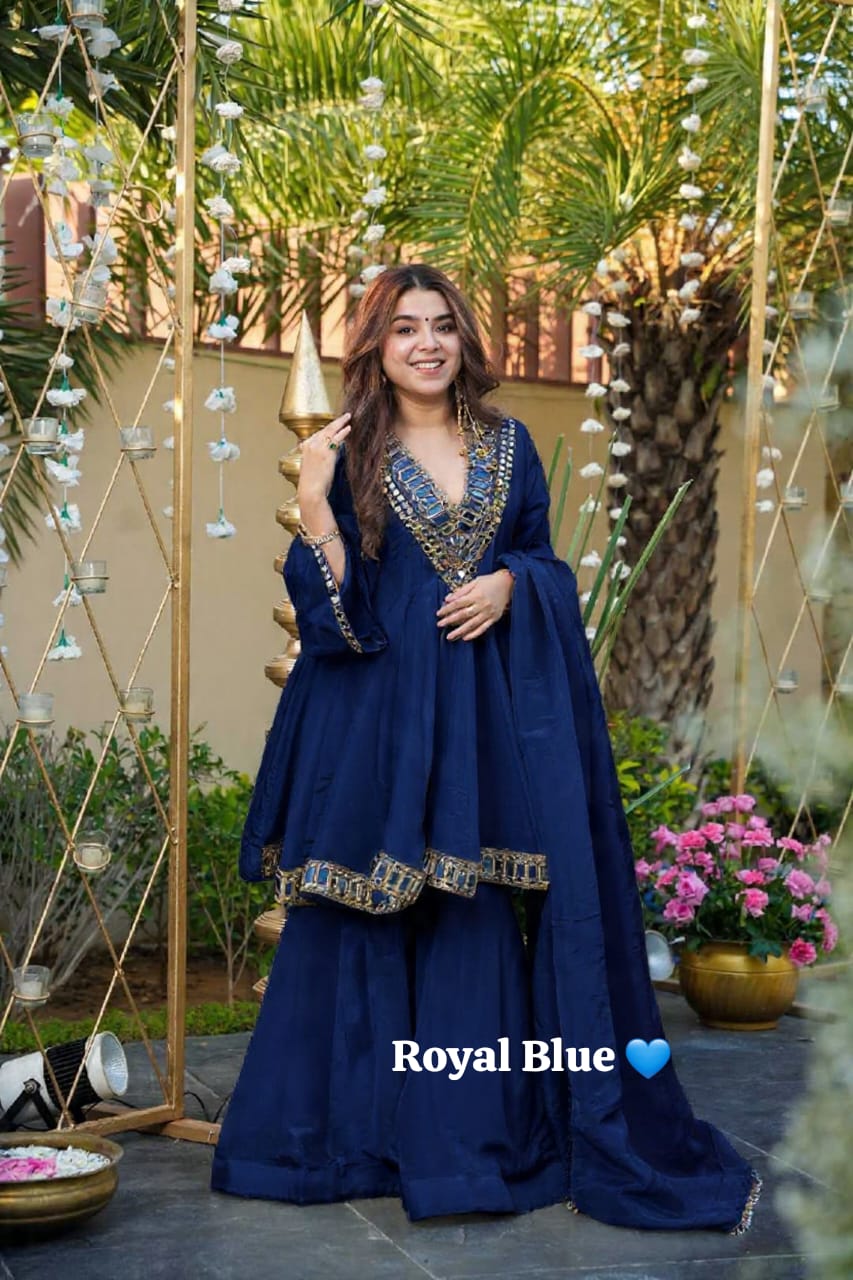 Chinon Silk Sharara Set With Flired Top In Beautiful Colors
