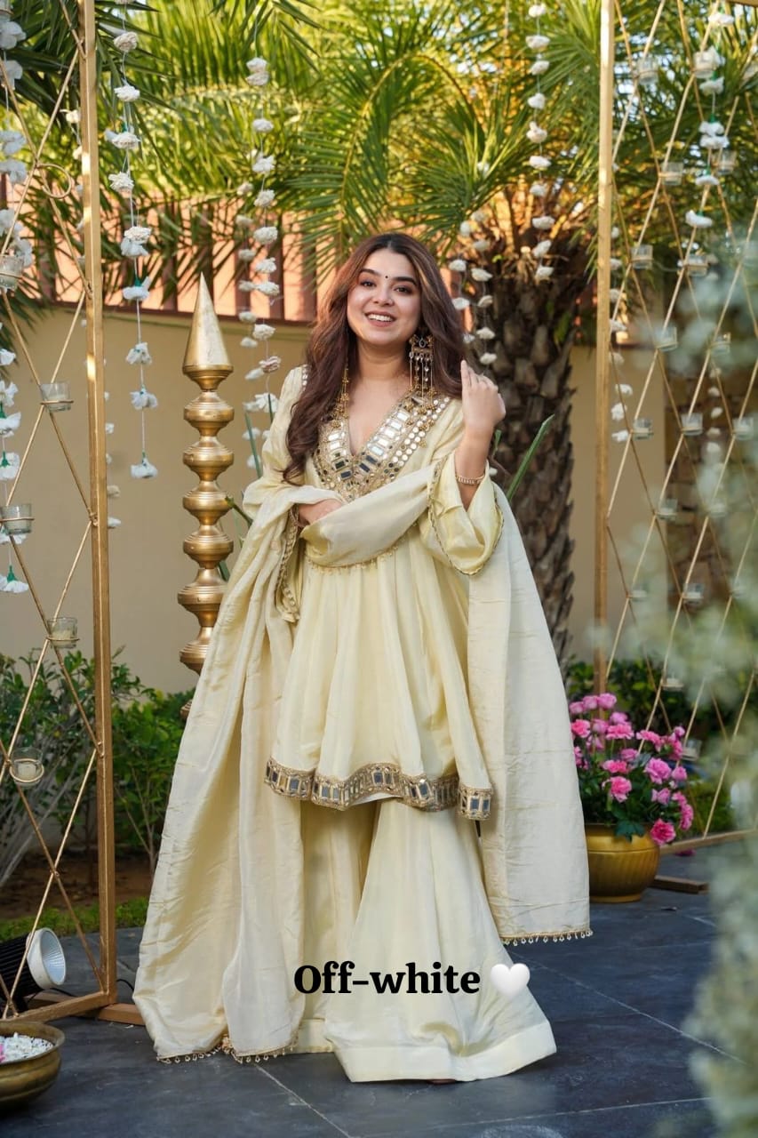 Chinon Silk Sharara Set With Flired Top In Beautiful Colors