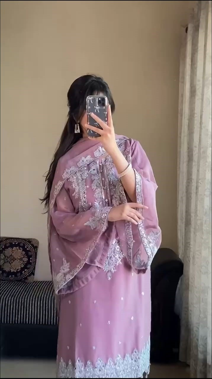 Georgette fabric partywear suit set paired with flair plazzo and designed with zari work and tussles