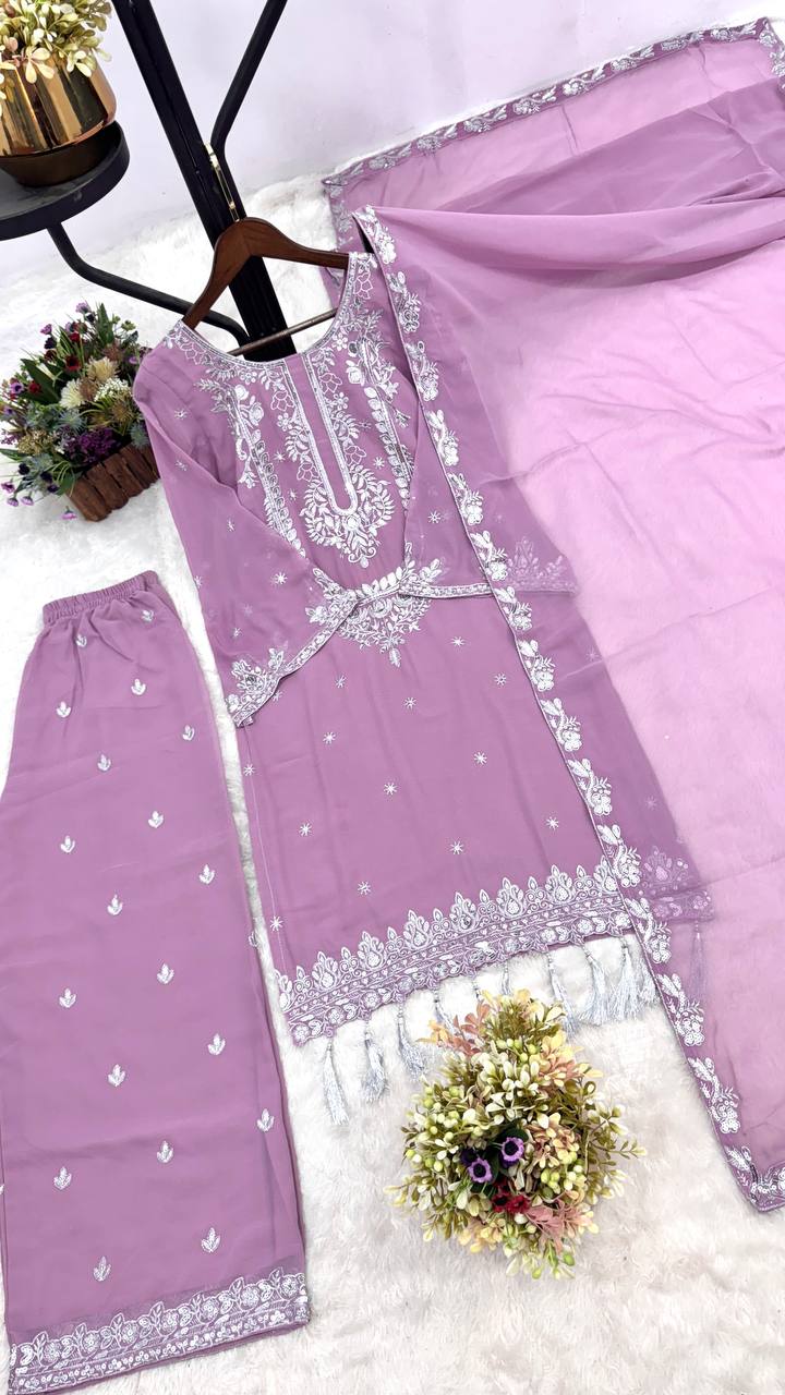 Georgette fabric partywear suit set paired with flair plazzo and designed with zari work and tussles