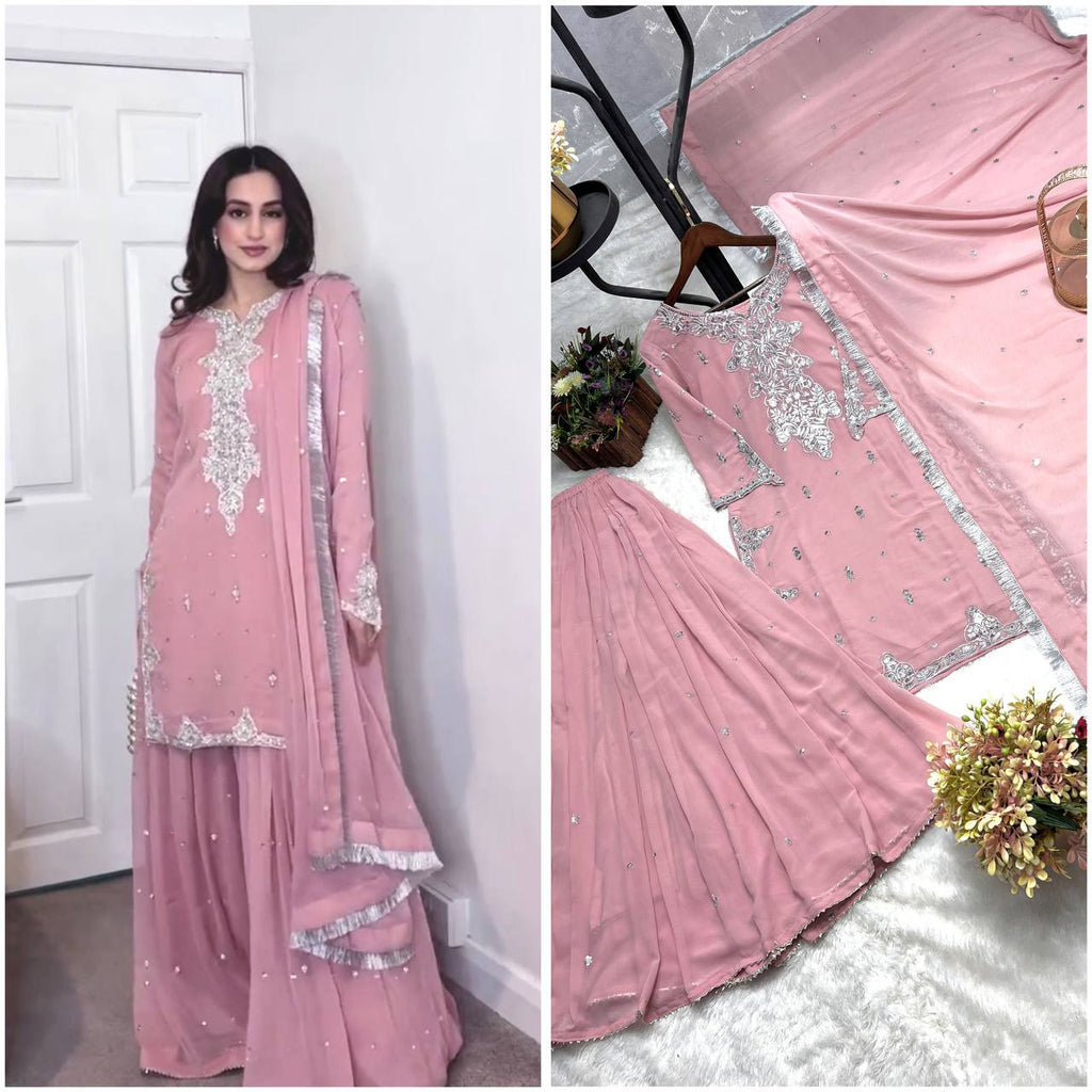 Party Wear sharara suit in georgette fabric with silver zari work detailing