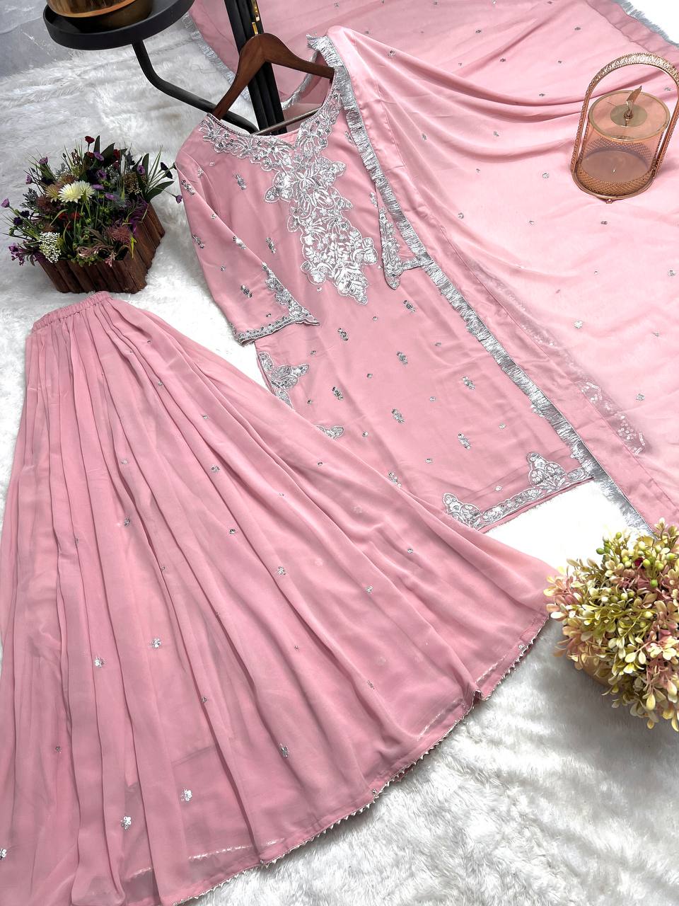Party Wear sharara suit in georgette fabric with silver zari work detailing