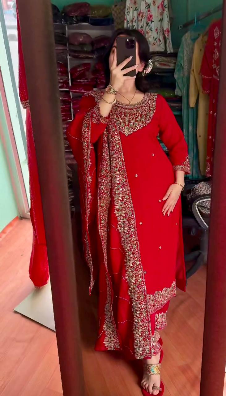Heavy Party Wear suit set in chinon silk with sequence and zari work