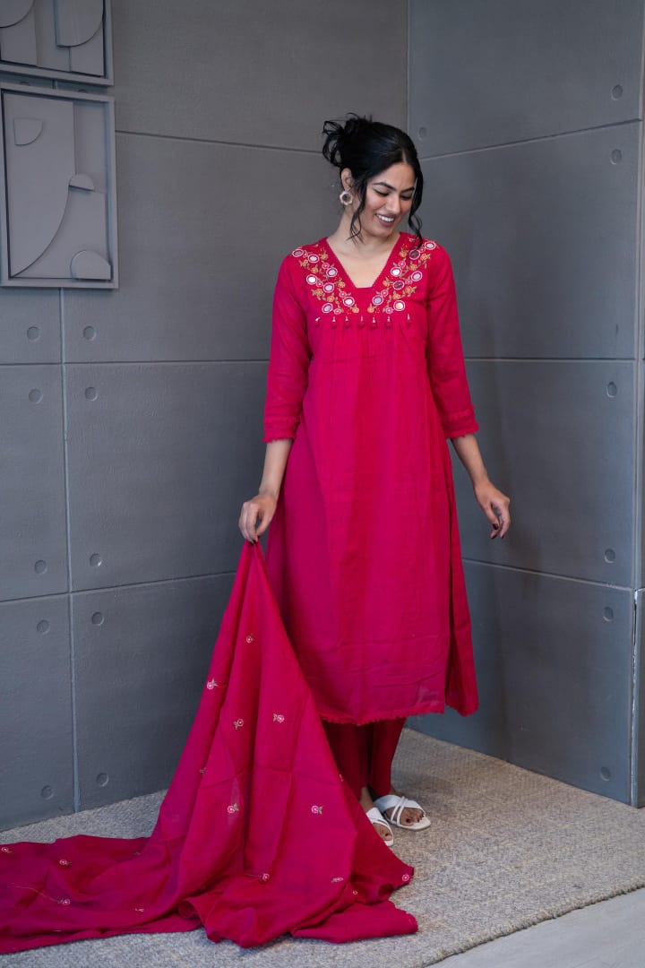 A line dupatta set in 3 colours with elegant embroidery on neck with tussle touch