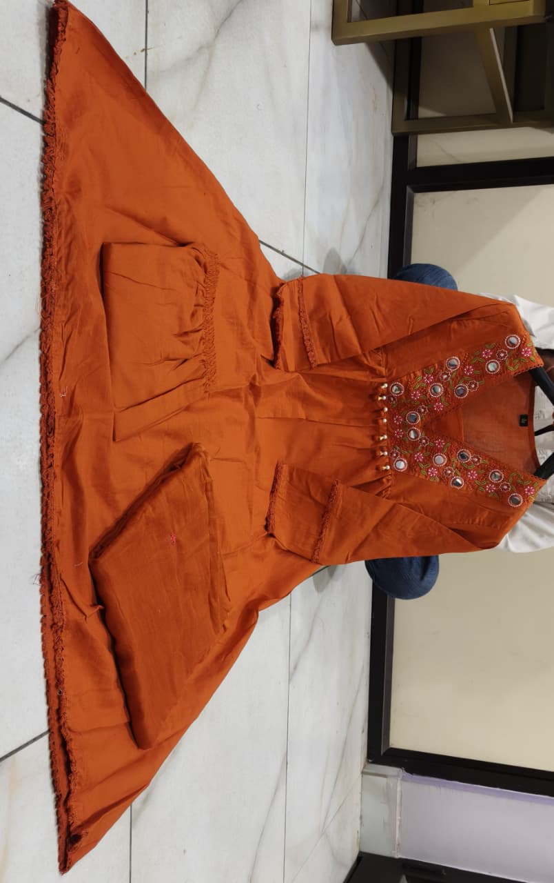 A line dupatta set in 3 colours with elegant embroidery on neck with tussle touch