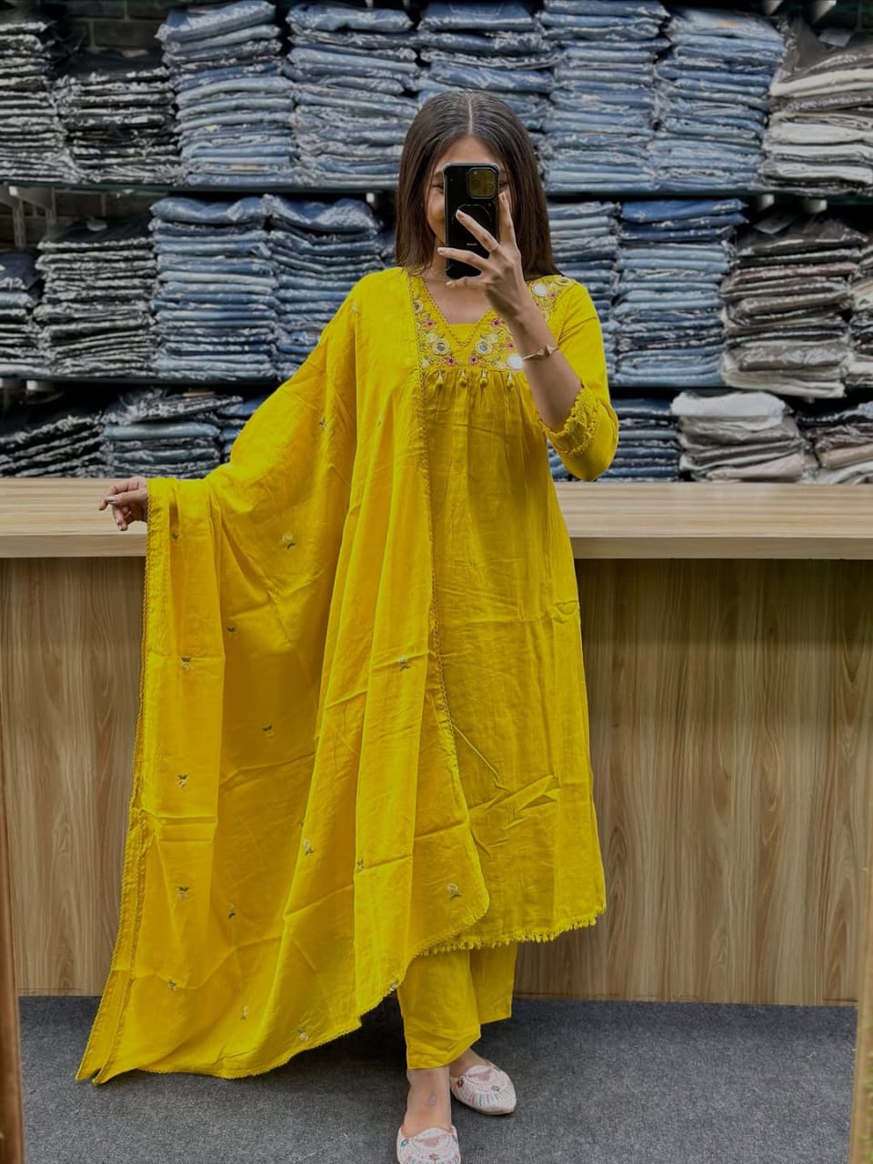 A line dupatta set in 3 colours with elegant embroidery on neck with tussle touch