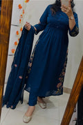 Anarkali dupatta set with printex detailing on neck with pearl details and embroidery on sides of kurti